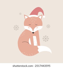 A fox in a Christmas hat. Scandinavian style. Hand drawn vector illustration