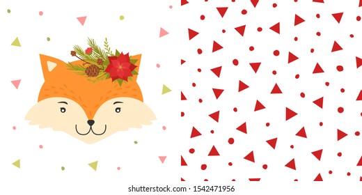 Fox with Christmas wreaths on the head. Cute Christmas animal and background for children's holiday or christmas for party decoration, wrapping paper, wallpaper, cards, invitations and greetings