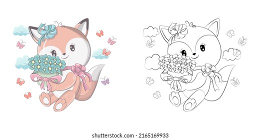 Fox Clipart for Coloring Page and Multicolored Illustration. Clip Art Fox with a Bouquet of Flowers. Illustration of an Forest Animal for , Stickers, Baby Shower, Coloring Pages, Prints for Clothes.