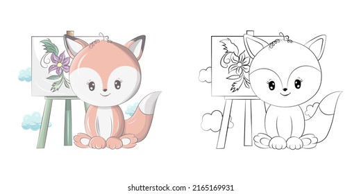 Fox Clipart Multicolored And Black And White. Clip Art Fox Artist With Easel. Vector Illustration Of An Forest Animal For , Stickers, Baby Shower, Coloring Pages, Prints For Clothes. 