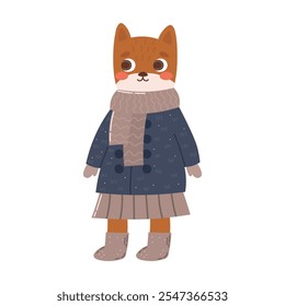 Fox in a coat, scarf and skirt. Winter forest animal character or mascot in cute flat style. Vector composition on transparent background for printing, scrapbooking, social media and animation.