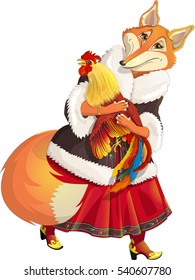 Fox with a cock./ Fox stole the rooster. The plot of the fairy tale.