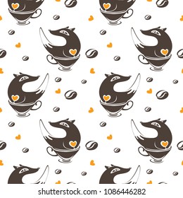 Fox with a coffee cup and heart  a brown background seamless pattern. Vector illustration.