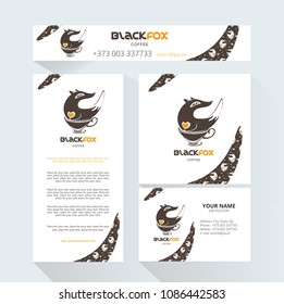 Fox with a coffee cup and heart on a white background.  Company logo design element. Letterhead, business cards branding collection. Vector coffee house labels.