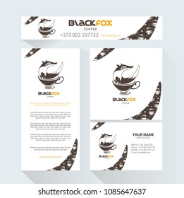 Fox with a coffee cup on a black background.  Company logo design element. Letterhead, business cards branding collection. Vector coffee house labels.