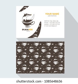 Fox with a coffee cup on a black background.  Company logo design element. Business cards branding collection. Vector coffee house labels.