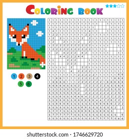 Fox. Color by numbers. Coloring book for kids. Colorful Puzzle Game for Children with answer.