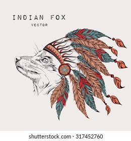 Fox in the colored indian roach.Indian feather headdress of eagle