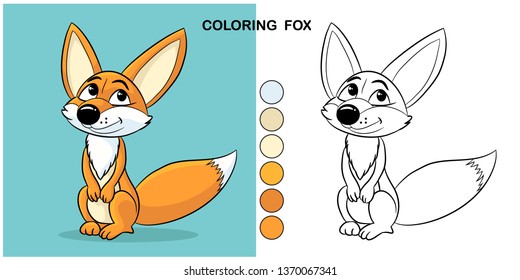 Fox coloring book, cartoon character, flat style.