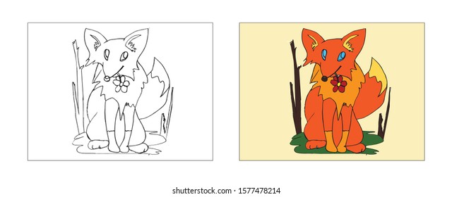 Fox coloring book design with monochrome and colored versions. Freehand sketch for adult anti stress coloring book page with doodle elements. Vector Illustrations for kids book.