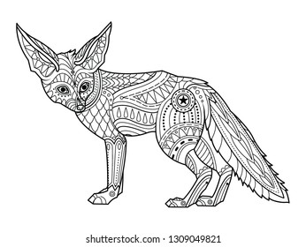 Fox coloring page. Hand drawn ornamental art, for adult coloring book for tattoo, poster, print. Vector illustration. 