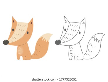 Fox coloring page. Coloring page for kid. Cute pastel fox vector cartoon. 