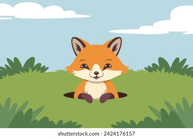A fox comes out of a hole on a green lawn. Illustration in vector format.