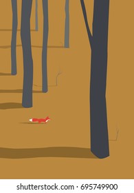 Fox coming out of autumn or fall forest vector illustration. Seasonal autumn landscape design. Eps10 vector illustration.