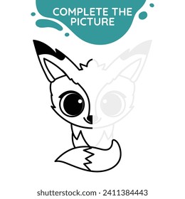 fox complete the picture symmetry drawing activity cute outline illustration suitable for coloring books page for children black and white educational preschool activity sheet vector isolated