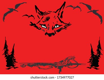 fox compose middle in jungle on red background around a big wings bird.
