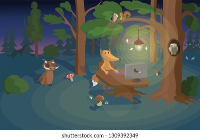 Fox at the computer in the forest