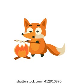 Fox Cooking Marshmellows Adorable Cartoon Style Flat Vector Illustration Isolated On White Background