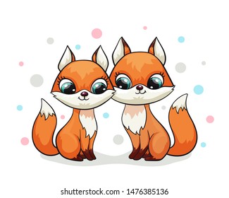 Fox couple cute print. Sweet tiny family. Cool friends animal with polka dot for nursery t-shirt, kids apparel, birthday card, invitation. Good for girly or boy pajamas and playroom decor