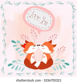 Fox couple love in floral frame,illustration for spring time,vector by freehand drawing