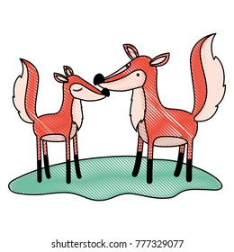 fox couple over grass in colored crayon silhouette