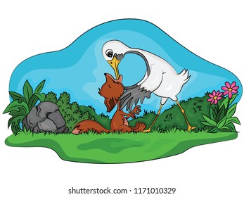 Fox and crane story illustration vector background  for kids books  page 3