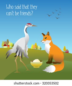 The Fox and the crane. Vector illustration.