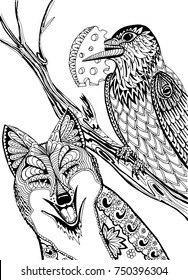 The Fox and the crow cheese. Hand drawn patterns for coloring. Freehand sketch drawing for adult antistress coloring book in zentangle style.