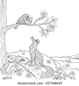 Fox and crow fairy tale coloring book vector illustration.