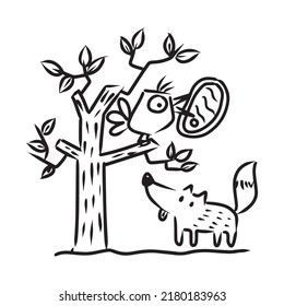 The fox and the crow vector illustration for story book. Aesop's fable illustration transparent background. Cute line art cartoon for fairy tale story and book. 