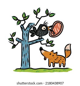 Der Fuchs und die Krähe Vektorgrafik für das Geschichtenbuch. Aesop's feine Illustration, transparenter Hintergrund. Cute Illustration Cartoon für Märchengeschichte und Buch. 