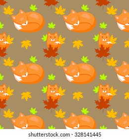 Fox and fox cub in the autumn leaves on a brown background