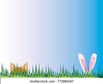 Fox cub and bunny peeking out of the grass on a sky blue background