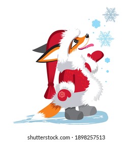 fox cub catches snow with his tongue, vector illustration