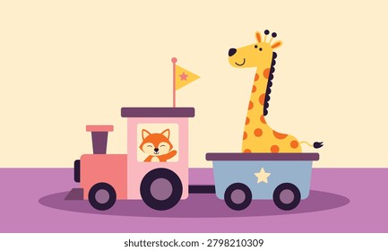 Fox cub and giraffe with locomotive vector illustration