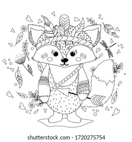 A Fox cub in an Indian war hat with feathers. Coloring book for children. Hand drawn ethnic animal for coloring pages, art therapy, boho t-shirt patterned print, t-shirt. Vector isolated illustration.