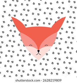 Fox cub on a background of fox paw prints color vector illustration. For any platform action promotion, ad. Isolated symbol sign used for: mobile, app, design, web, dev, ui, ux, gui. EPS 10.