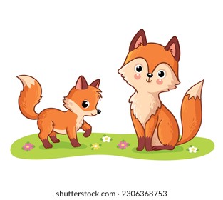 Fox with a cub is playing in a green meadow. Vector illustration with forest animals in cartoon style.