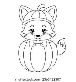 A fox cub in the pumpkin coloring book. Coloring page. Black and white vector illustration. Happy Halloween