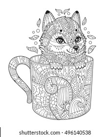 Fox in cup. Adult antistress coloring page with animal in zentangle style. Vector illustration for T-shirt print, tattoo, logo, floral design elements. Line art. Zendoodle.