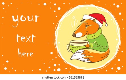 Fox with a cup of cocoa on an orange background