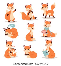 Fox cute adorable character doing different activities funny happy nature red tail and wildlife orange forest fox character animal style graphic vector illustration.