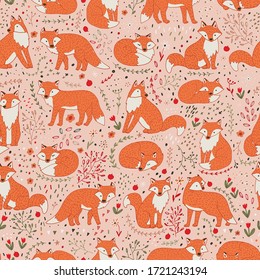 Fox cute animal with flowers seamless vector hand drawn doodle pattern for kids