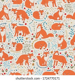 Fox cute animal with flowers seamless hand drawn vector doodle pattern for kids