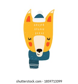 Fox süßer Cartoon-Druck. Vektorfigur im Winter Hut und Schal. Crayon-Imitation, handgezeichnet.