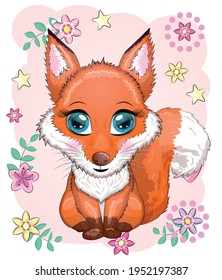 Fox is a cute character with beautiful eyes among flowers and hearts