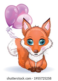 Fox cute character with beautiful eyes with balloons, greeting card.