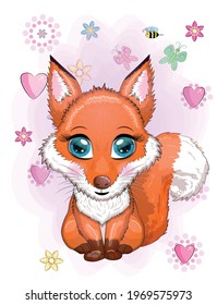 Fox is a cute character with beautiful eyes among flowers and hearts