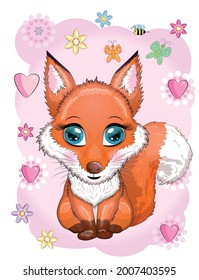 Fox is a cute character with beautiful eyes among flowers and hearts