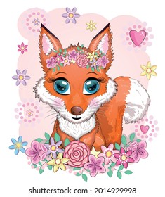 Fox is a cute character with beautiful eyes among flowers and hearts